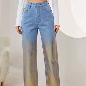 Forever 21 Blue Gold Foil Ombré Straight Leg Denim Jeans 28 6 High Rise 90’s Fit